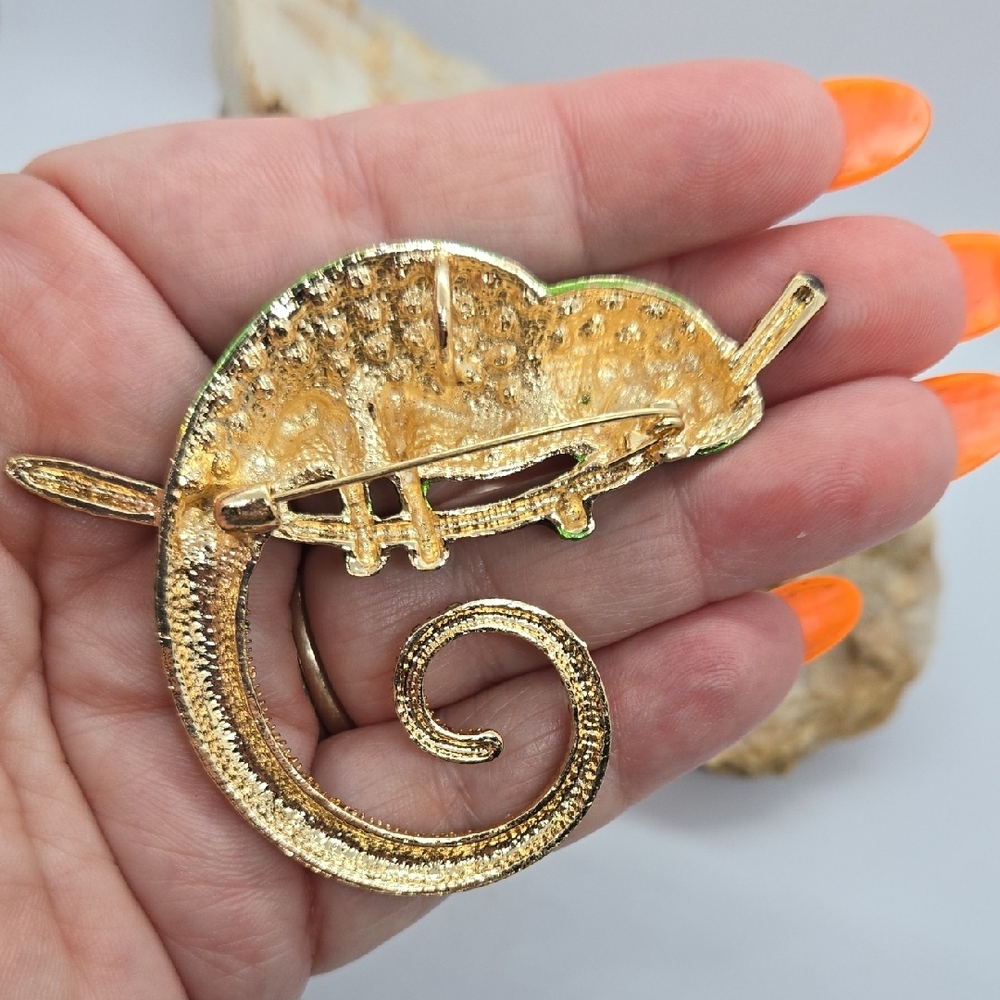 Green Chameleon Rhinestone Brooch Large Crystal Reptile Lizard Pin Statement - Picture 5 of 6